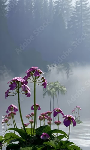 Ethereal Landscape with Pink Flowers in a Misty Environment