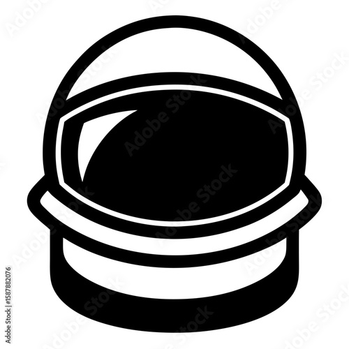 Black silhouette of a futuristic space helmet with a reflective visor isolated on white background