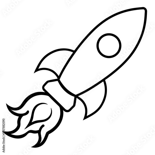Dynamic line art illustration of a rocket blasting off with fiery exhaust isolated on white background