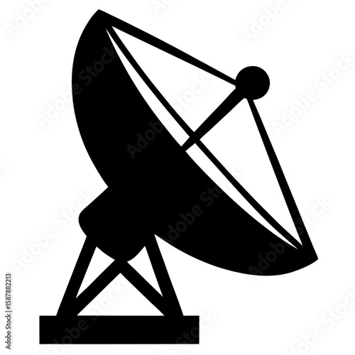Black silhouette of a satellite dish with a circular reflector isolated on white background