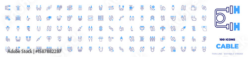 100 Cable Icons Collection. Bold line style. Duotone colors. audio jack, cable reel, cables, auxiliary cable, broken cable, usb cable, usb, cable, antenna, rca