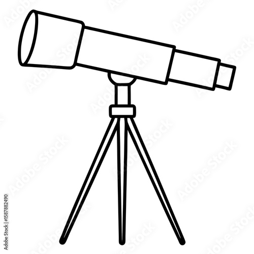 Detailed line art illustration of a telescope and tripod isolated on white background