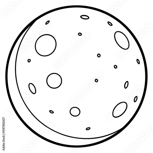 Detailed line art illustration of the moon with craters and shadows isolated on white background