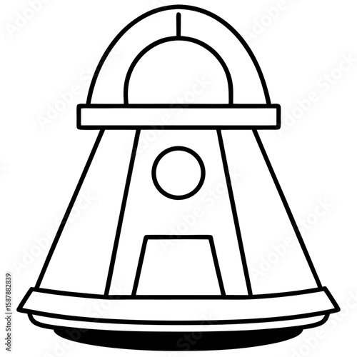 Detailed line art illustration of a space capsule with its hatch open isolated on white background
