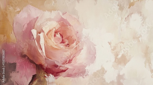 A painterly depiction of a pale pink rose, its petals softly rendered with visible brushstrokes against a muted, textured background of warm beige and brown tones