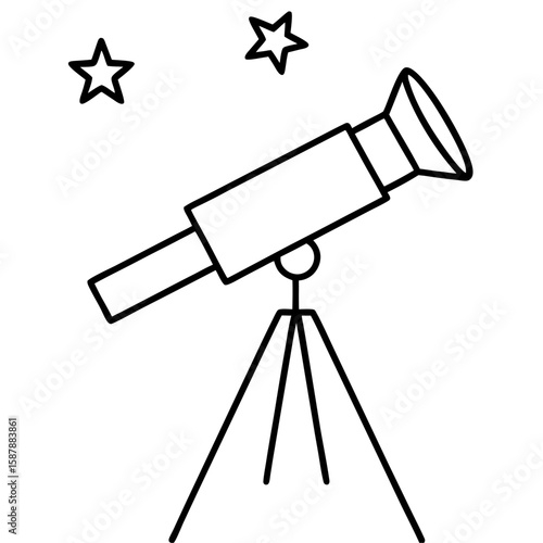 Line art illustration of a telescope pointing towards a starry night sky isolated on white background
