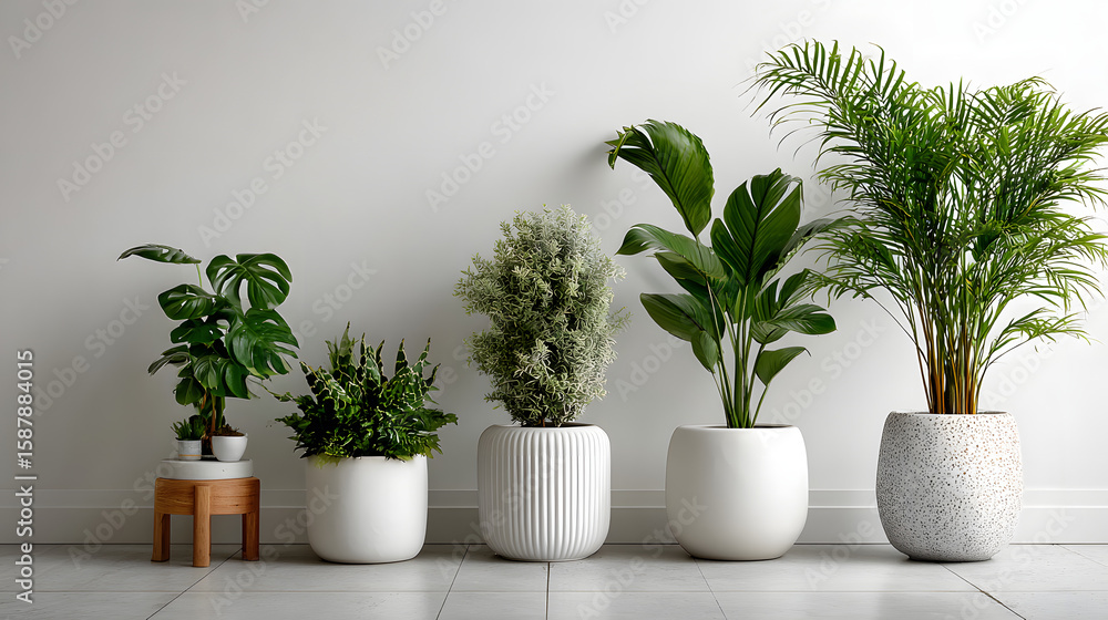 Fototapeta premium Indoor plants in white pots against a white wall