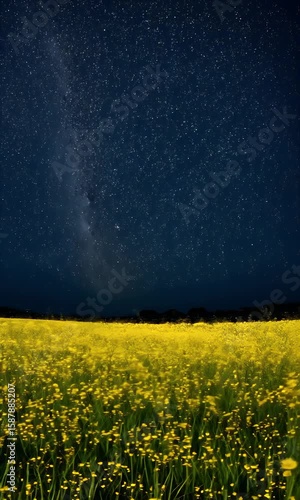 Night Sky with Stars Over Glowing Field of Yellow Flowers
