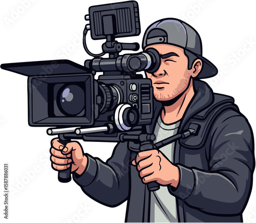 A person holding a professional video camera, focused on filming, with a cap.