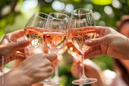 Celebratory toast with rose wine. Friends with glasses of champagne. Summer office party. Social event celebration outdoors. Hands holding a glass of Prosecco, Generative AI