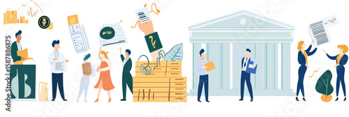 Flat vector illustration of diverse people receiving financial documents and currency near government building representing public finance, subsidy, and budget support concepts in minimalist style