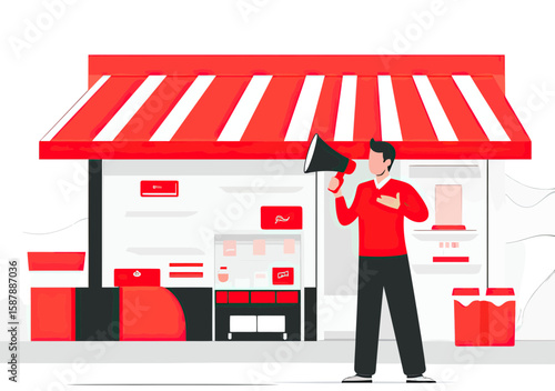 Store owner announcing promotion with megaphone outside retail shop with red striped awning in flat minimalist style vector illustration