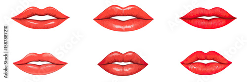 Set of six realistic red female lips illustrations with various shapes and subtle gloss details isolated on white background vector EPS 10 design in flat minimalist style for beauty and fashion