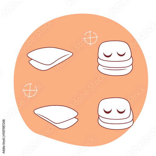 Minimalist flat vector illustration of white cotton pads with calm sleepy facial expressions on peach background for skincare and beauty concepts
