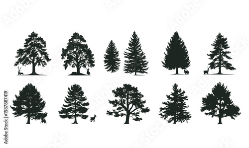 Silhouettes of various pine, fir, and deciduous trees with deer and goat forest animals isolated on white background in vintage style vector set collection