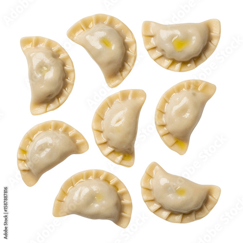 Nine uncooked pierogi arranged in a symmetrical pattern against a white background.