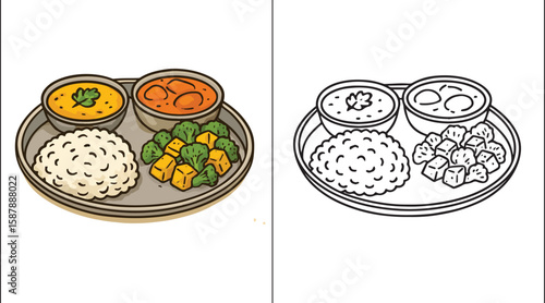 Traditional Indian Vegetarian Thali Vector Illustration – Cultural Meal with Curry with Rice