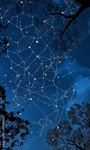 Starry Night Sky with Constellations and Silhouetted Trees