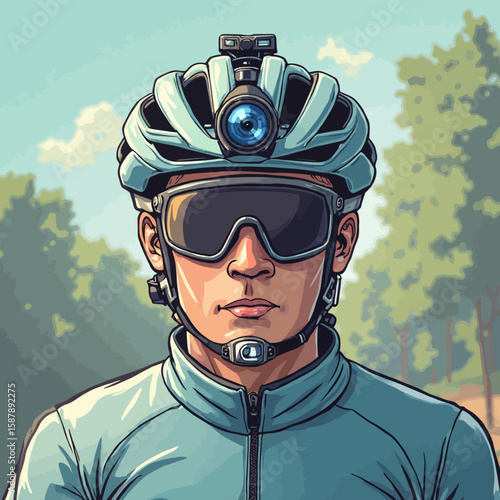 Cyclist wearing advanced technology helmet and eyewear, focused expression.