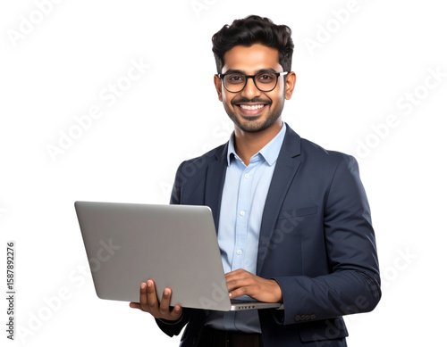 Young Indian Professional Using Laptop with Confident Smile, PNG transparent backgrou 