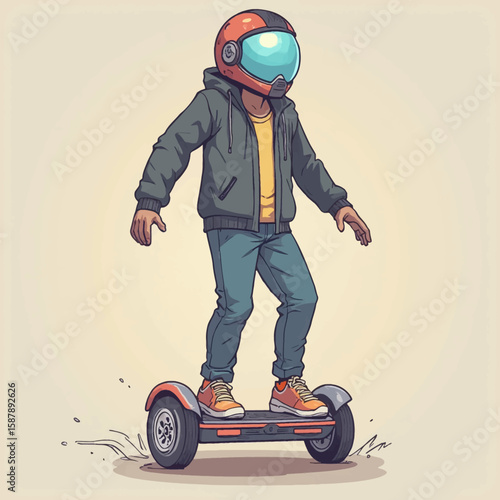 A cartoon character rides a hoverboard while wearing a helmet and hoodie.