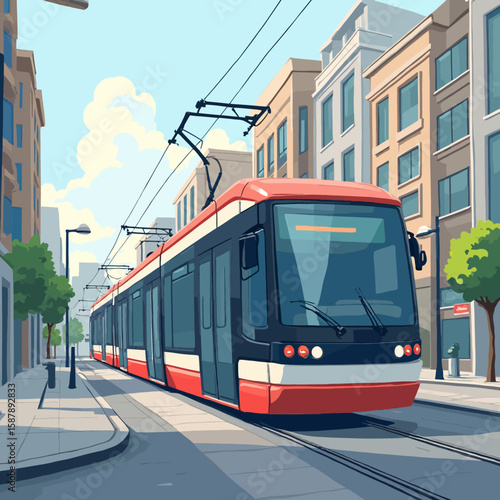 A red and white tram travels down a city street lined with buildings on a sunny day.