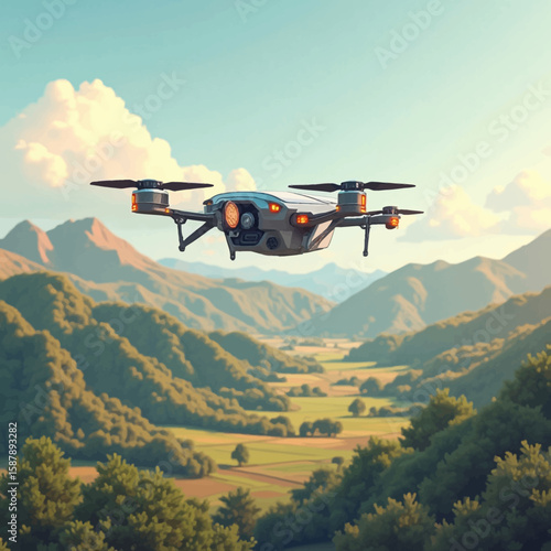 A drone flies over a green valley landscape with rolling hills and a blue sky with fluffy white clouds.