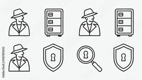Detective icons magnifying glass shield filing cabinet investigation