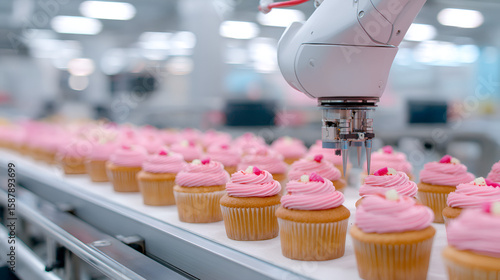 A robotic arm carefully decorates cupcakes in a futuristic bakery setting, showcasing automation in food production. white 12774598 1