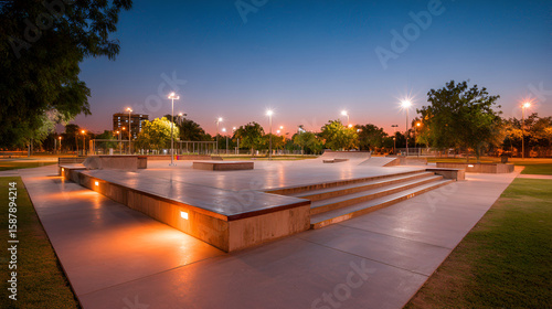 A nighttime view of a deserted skate park, illuminated by glowing street lights and vibrant graffiti. white 51958008 1