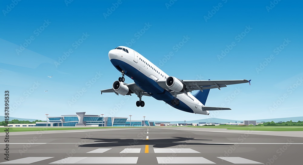 Obraz premium Soaring to New Heights: An aircraft takes flight from an airport runway, a symbol of travel and exploration under a clear blue sky.