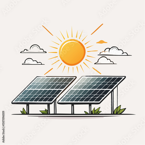 Minimal flat design of solar panels under a bright sun, black and white line vector emphasizing clean energy