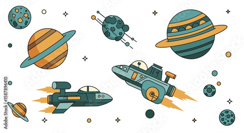 Futuristic space adventure with rockets and planets in cartoon style