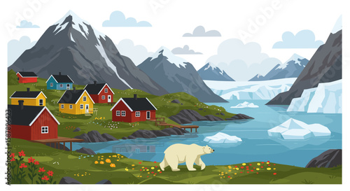 Charming arctic village with colorful houses and polar bear in majestic mountain landscape