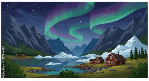 Aurora borealis over mountainous lake landscape with cabins and northern lights