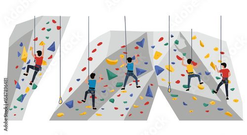 Climbers on colorful indoor wall with ropes and harnesses in dynamic flat style