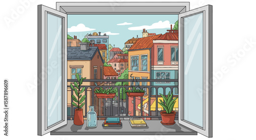 Open window view of colorful cityscape with plants and rooftops in urban scene