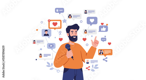 Social media engagement concept with influencer surrounded by icons and comments