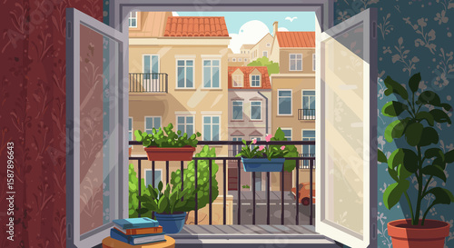 Charming balcony view of urban houses on a sunny day