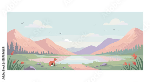 Tranquil mountain lake scene with fox in pastel colors
