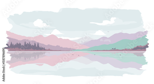 Serene watercolor lake scene with pastel mountains and forest reflections