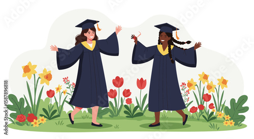 Happy graduation day: two grads celebrating in a colorful floral garden
