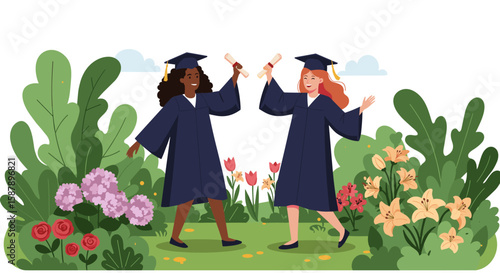 Joyful graduation celebration: diverse friends in caps and gowns amidst lush garden