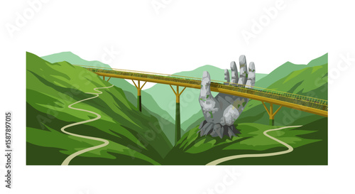 Golden pedestrian bridge held by stone hands in scenic green mountain landscape