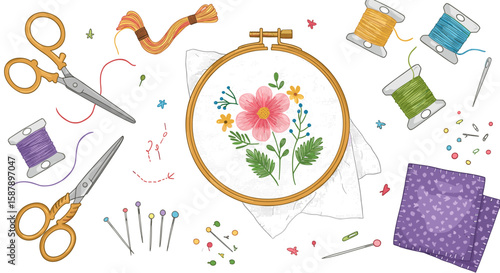 Creative embroidery design with floral pattern and sewing tools in flat style
