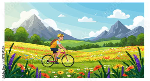 Cyclist enjoying a scenic ride through colorful meadow with mountain views