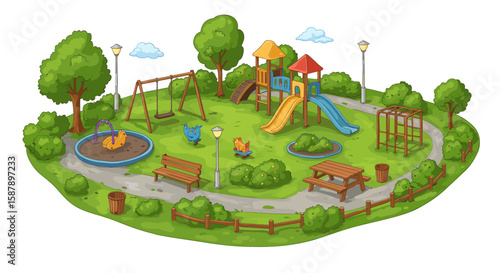 Colorful playground with slides and swings in a lush green park