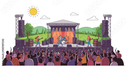 Energetic outdoor concert with live band and audience in cartoon style