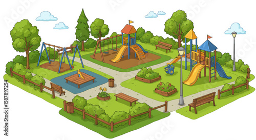 Charming cartoon playground in park setting with swings and slides