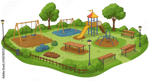 Colorful playground scene with swings, slide, and benches in a lush park setting